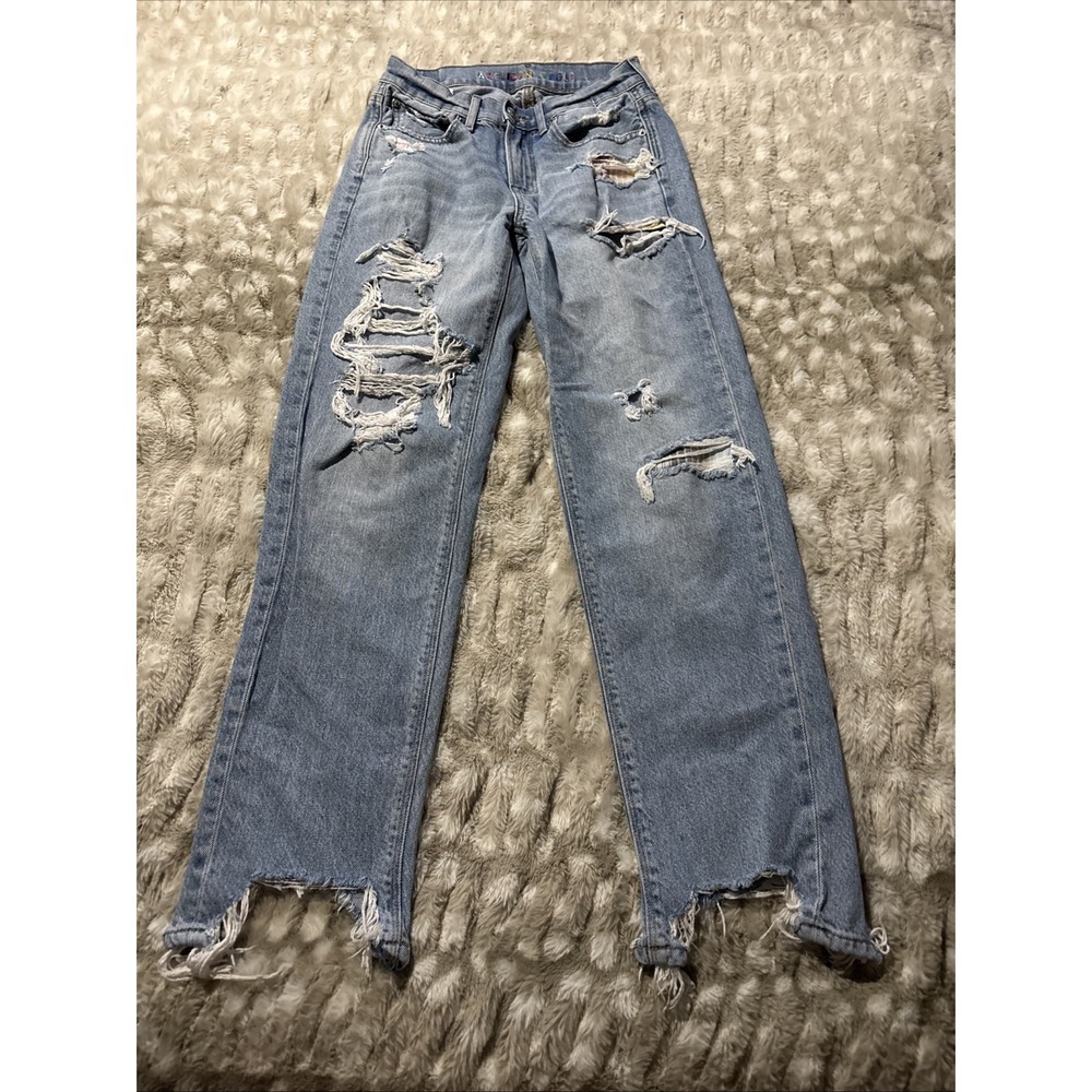 American Eagle Pride 90s Straight Distressed Raw Hem Denim Jeans Women Size 0